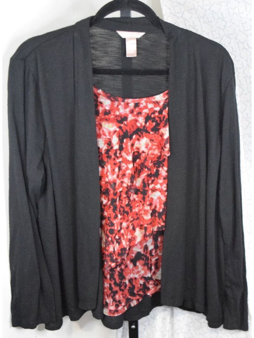 White Stag Women's XL Black Red Floral Print 2 Layered Cardigan Cami Top